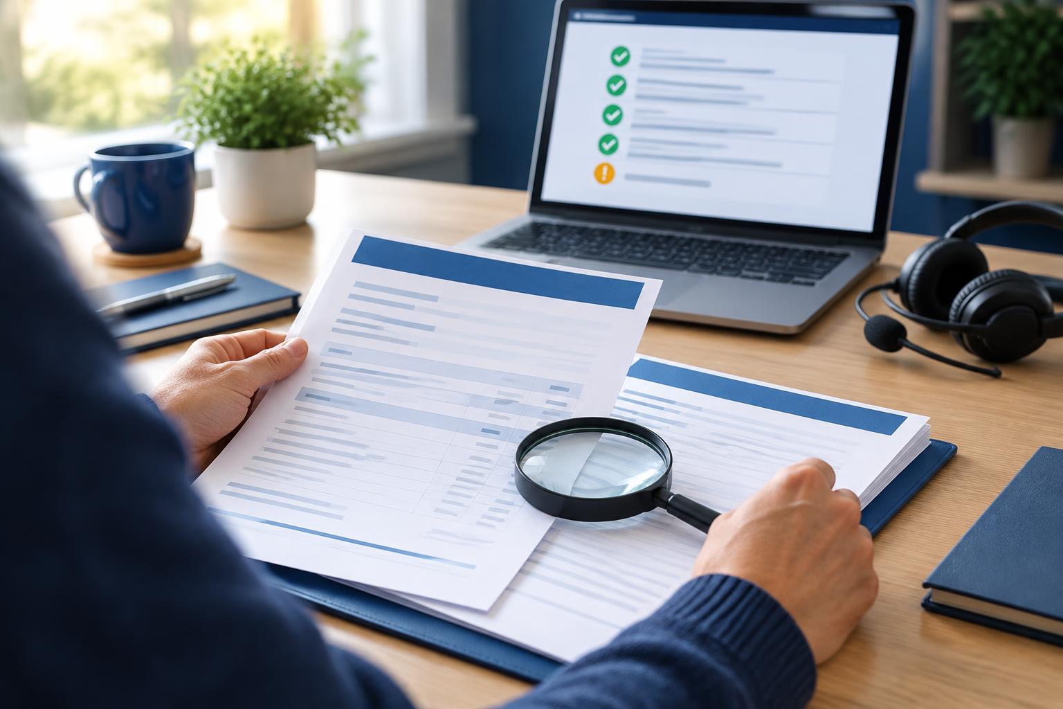 An adviser reviewing a printed quotation with a magnifying glass while a checklist of checks shows on a laptop screen