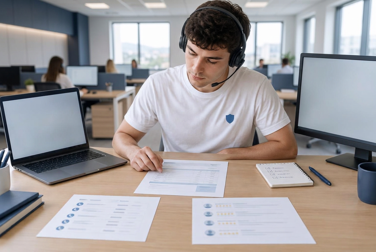 An adviser wearing a headset in a call centre, comparing a printed quotation with a laptop, a second screen and printed phone and review listings laid side by side on his desk