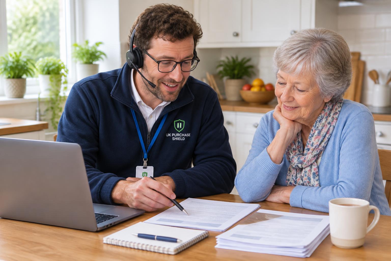 A UK Purchase Shield adviser wearing a headset and branded fleece reviewing a quotation with an older woman at her kitchen table
