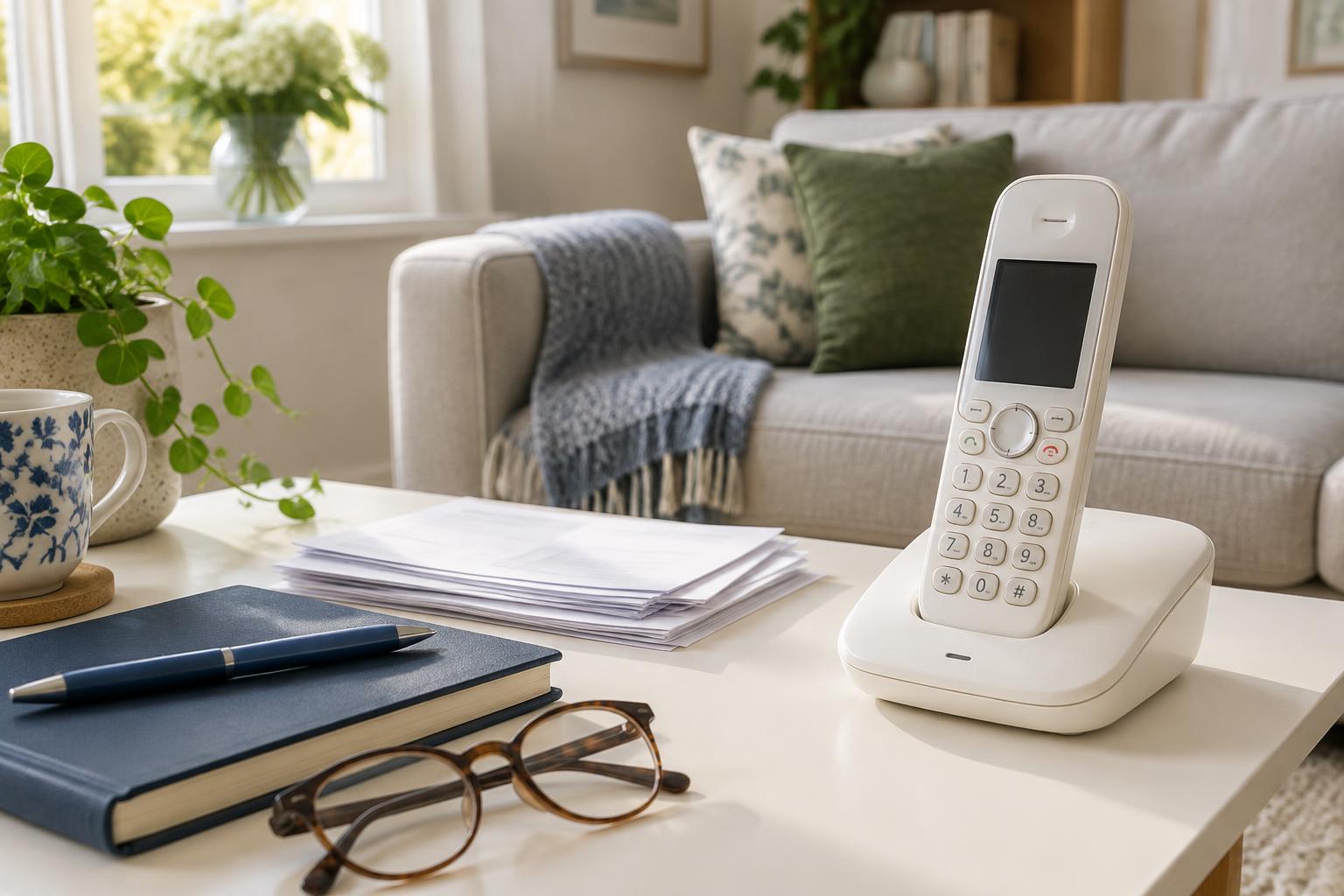 A home telephone, quotation papers, pen and reading glasses in a bright British living room