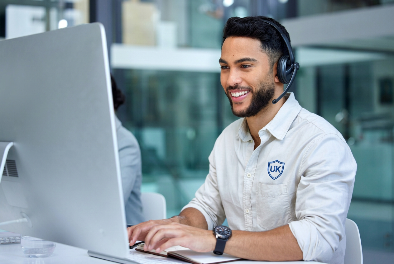 Illustrative adviser smiling on a headset at his desk while a Purchase Shield check runs on his screen