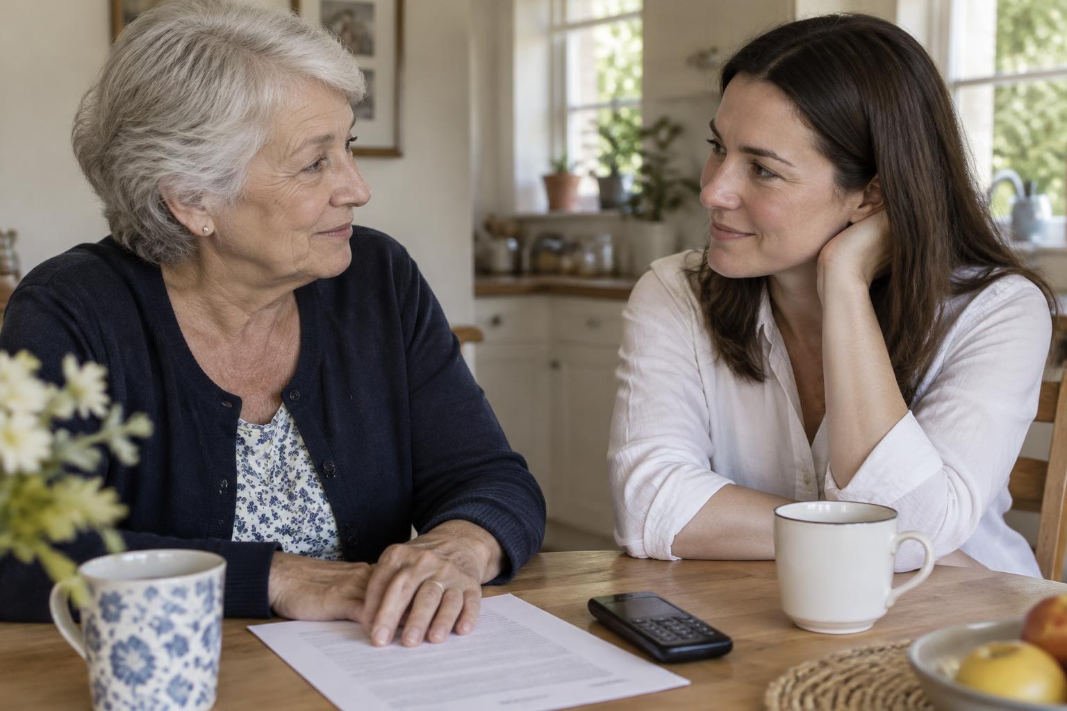 A daughter and her older mother discussing a quote together at the kitchen table